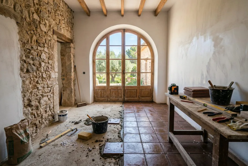 Spanish home interior renovation in progress with fresh plaster and terracotta tiles