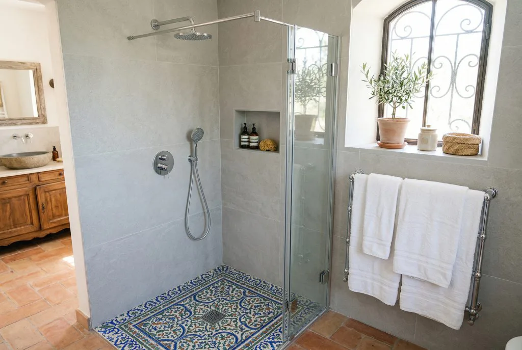 Completed bathroom renovation with mosaic floor and glass shower screen