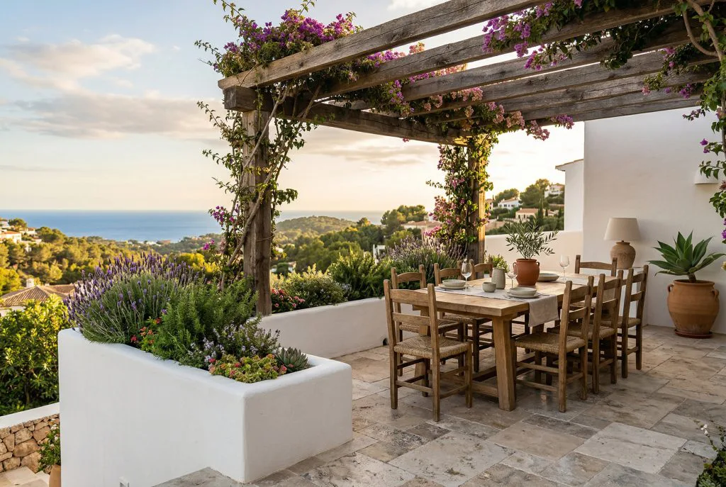 Completed outdoor terrace with natural stone paving and bougainvillea pergola